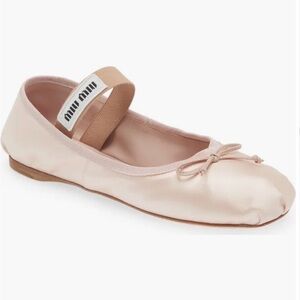 Miu Miu Logo Strap Pink Satin Ballet Flat